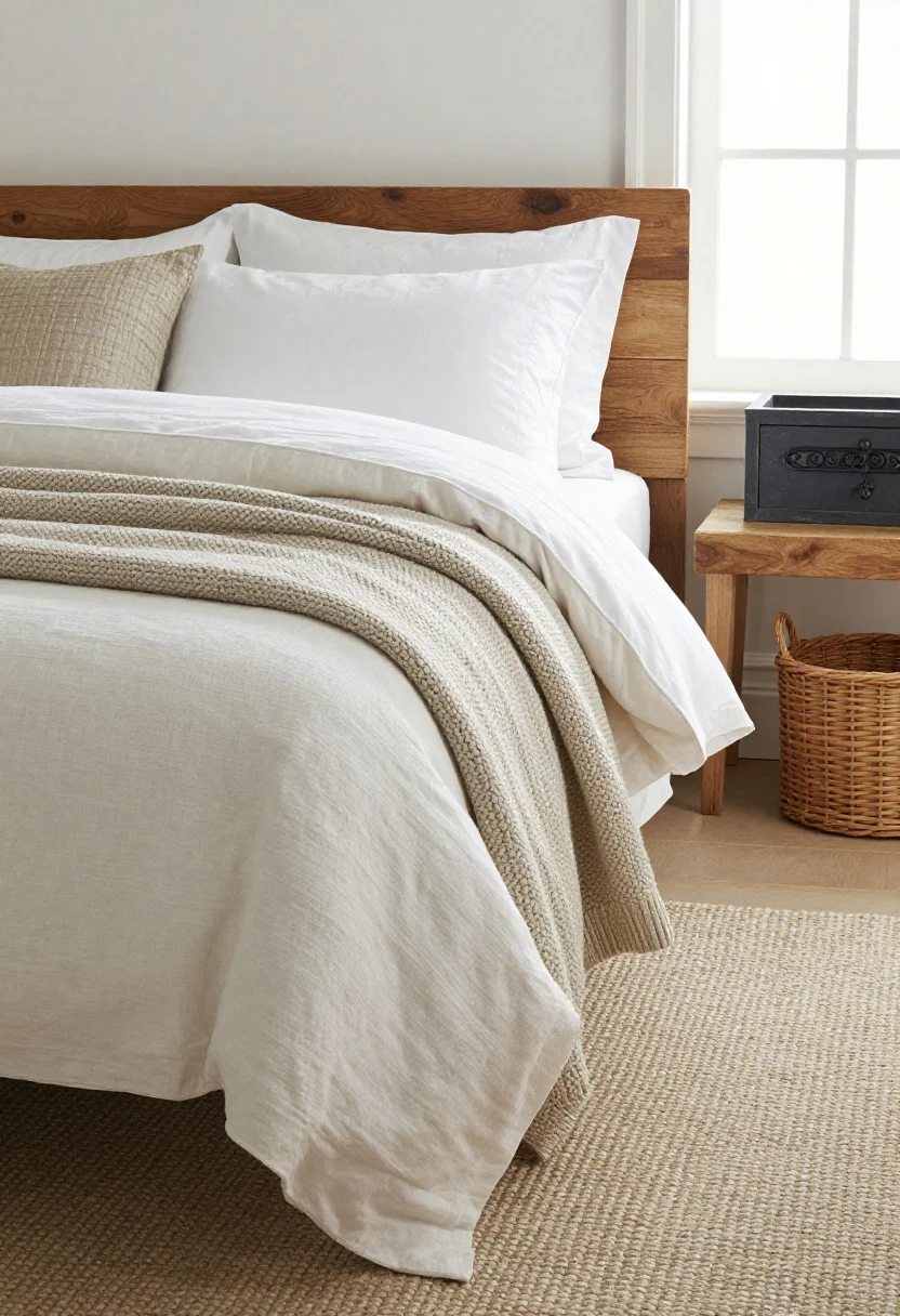 Medium shot focusing on layered textures at the foot of a bed: crisp white percale sheets, a relaxed flax linen duvet, a folded quilt or matelassé coverlet for dimension, a chunky nubbly knit throw casually draped; beside the bed, a painted nightstand paired with a raw-wood bench, and a jute rug under a soft flatweave rug; wicker basket tucked nearby and a hint of blackened iron detail; soft natural window light, photorealistic, no people