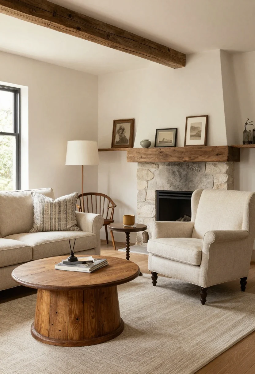 Medium shot from a corner angle: Cottage seating arrangement featuring a slipcovered, rolled-arm sofa, a petite wingback chair in a subtle print, and a spindle accent chair; a vintage wood coffee table with rounded edges and a spool-turned side table add character; a padded storage ottoman doubles as extra seating; exposed legs on furniture to show more floor in a snug space; celebrate existing beams and a stone fireplace if present, or a rustic mantel shelf; balanced natural daylight with warm lamp fill, photorealistic.
