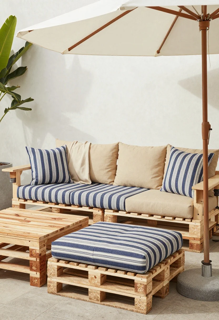Medium shot of a budget lounge setup: two Adirondack-style chairs flanking a cushioned bench and a low storage ottoman used as a coffee table; a pallet sofa with thick outdoor cushions in a pattern + solid combo (navy striped cushions paired with solid sand-beige throws); a simple cantilever umbrella casting shade; subtle DIY touches like nautical rope wrapped around chair arms and a peel-and-stick “wood look” vinyl on a basic side table; soft afternoon light, relaxed resort vibe, no people, photorealistic.