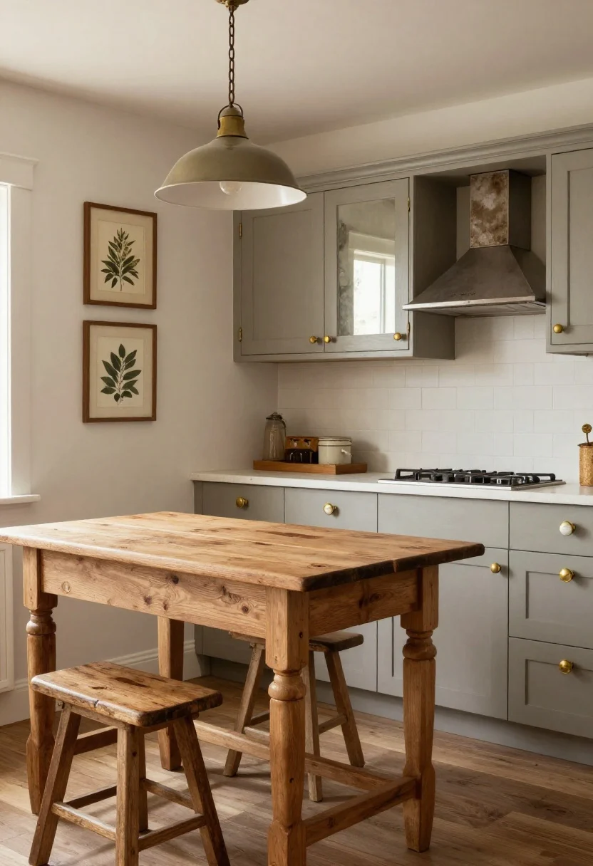 Medium shot of a cottage kitchen vignette with restrained vintage touches: a small farmhouse table used as a prep station with a reclaimed wood top, paired with a single reclaimed stool; overhead, a schoolhouse pendant with warm light; cabinetry fitted with unlacquered brass cup pulls and porcelain knobs; on the wall, framed botanical prints and a small foxed mirror reflecting light. Balanced mix of old and new, edited accents, warm and inviting ambiance, no clutter.
