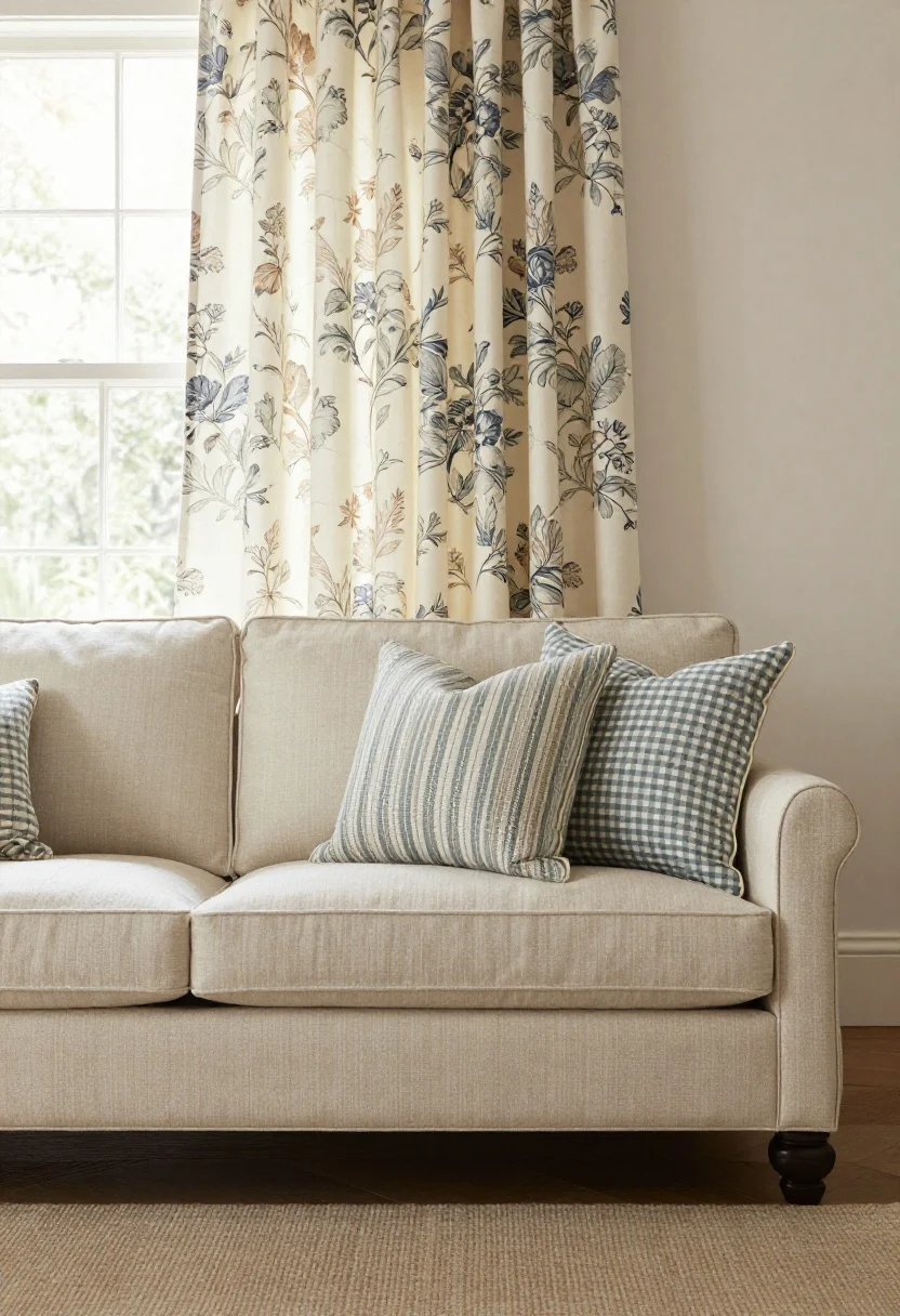 Medium shot of a sofa-and-window wall: Neutral sofa as base with layered cottage patterns—large-scale floral drapery softly gathered at the window, a medium-scale ticking stripe pillow, and a small-scale gingham lumbar; colors limited to buttery cream, sage, dusty blue, and warm oat; underfoot a subtly textured solid rug to balance the patterned upholstery; gentle morning light filtering through the drapes, photorealistic.