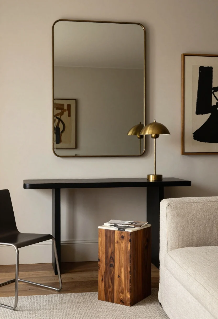 Medium shot of a vignette showcasing “old soul with new cool”: a 19th-century gilt mirror hung above a sleek, minimalist blackened-steel console; a patinated walnut side table with a marble top nearby; sculptural metal chair with clean lines contrasted against a linen-upholstered modern sofa edge; aged brass table lamp on the console; a restrained palette of walnut, oak, and black accents; abstract art propped casually to avoid a museum feel. Warm, natural lighting, subtle reflections, photorealistic.