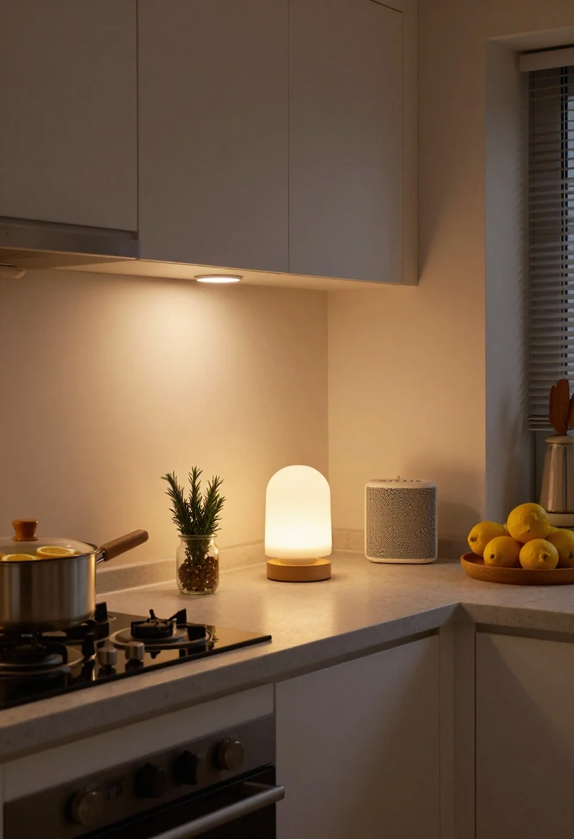Medium shot of cozy lighting and sensory details in a cottage kitchen at dusk: layered lighting with a central pendant using warm 2700K bulbs, discreet under-cabinet task lights illuminating the counter, and a petite table lamp glowing softly on the worktop. On the stove or a trivet, a simmer pot with citrus slices and cloves; a small jar holding a sprig of rosemary; a bowl of lemons adding color and scent. Include a subtle Bluetooth speaker on a shelf. Gentle, enveloping ambiance, no people, photorealistic.