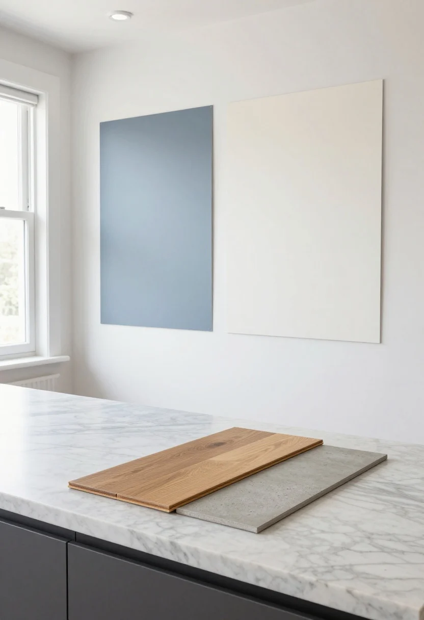 Medium shot of two large painted poster-board swatches taped to a white kitchen wall near a window, one cool white with blue-gray undertones and one warm white with creamy undertones. In frame: a slab of marble-look quartz countertop with gentle veining, a sample plank of warm oak flooring on the counter, and a sample of cool concrete tile beside it to compare undertones. Daylight from the window and overhead LEDs reveal color shifts; neutral, uncluttered background. No people.