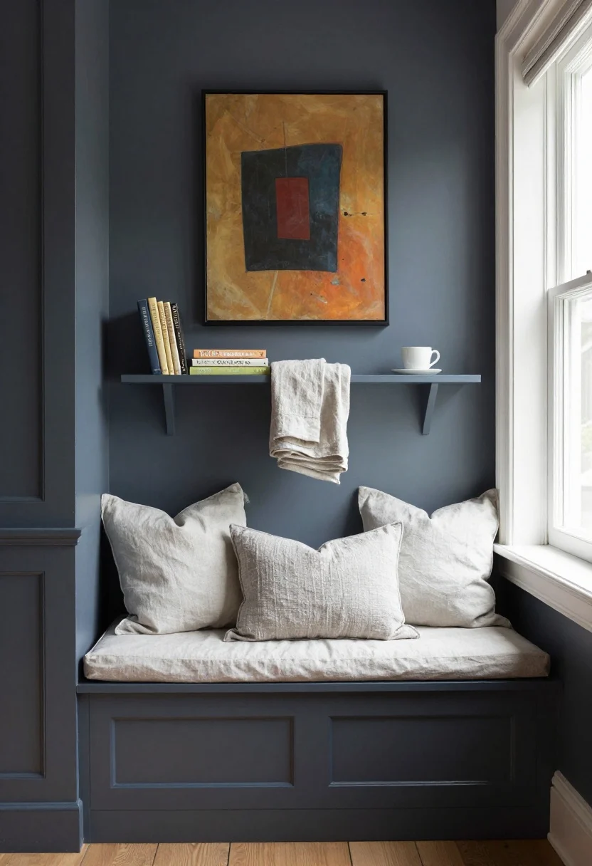 Medium shot, straight-on: Finishing touches on a window seat that sell the fantasy—base enhanced with simple picture-frame trim and beadboard panels for custom millwork magic. The bench is painted two shades darker than the wall for depth; semi-gloss on trim subtly bouncing light. A slim wall-mounted shelf to the side holds books and a cup within reach. On the wall above, one bold statement artwork (no clutter). Seasonal swap shown: a neatly folded linen throw and light pillow covers stacked on the shelf, with a heavier boucle pillow on the seat for contrast. Late afternoon light, crisp and photorealistic.
