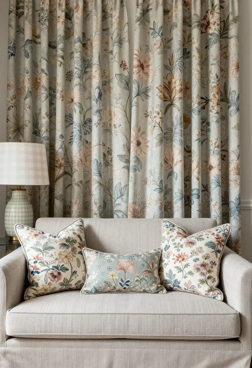 Medium shot, straight-on: Pattern-mixed sitting nook featuring large-scale floral curtains in soft garden hues, a neutral upholstered sofa with ticking stripe cushions, a small ditsy floral pillow tying colors together, a gingham lampshade in subtle tones on a side table, palette held within sage, dusty blue, and rose, calm matte walls, balanced patterns with consistent color family, cozy afternoon light.