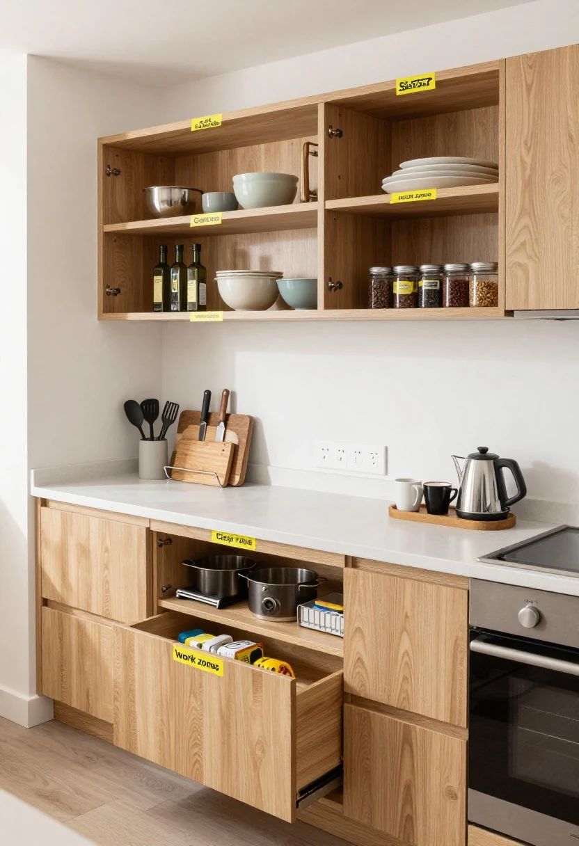 Medium shot, straight-on view: A modern kitchen with distinct “work zones” labeled inside open cabinet doors using painter’s tape and Sharpie. Prep zone at the longest countertop run shows cutting boards upright in a slot, chef’s knives in a counter crock, mixing bowls nested, and olive oils within reach. Cooking zone by the range has a slim spice rack, pots and pans in the base cabinet, spatulas in a utensil crock. A compact coffee/tea zone by an outlet features a kettle, mugs on a small tray, beans and filters neatly arranged. Cleanup zone by the sink displays dish soap, scrubbers in a caddy, trash bags and towels in a drawer with dividers. Clean lines, light wood cabinetry, matte white backsplash, soft natural daylight, no people, photorealistic.