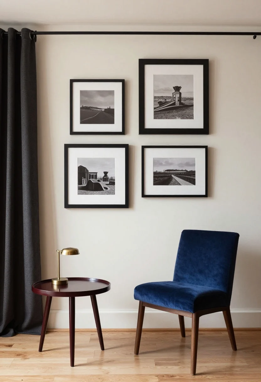 Medium shot, straight-on view highlighting the palette strategy: creamy walls with trim a half-shade darker for subtle dimension; charcoal and black accents via slim black picture frames, a black iron curtain rod, and chair legs; one bold wink of color shown as a deep oxblood lacquered side table and a single marine-blue velvet cushion; warm metals in brass (lamp base, hardware) instead of chrome; balanced with natural wood elements. Soft, even lighting that keeps colors rich but understated, photorealistic.