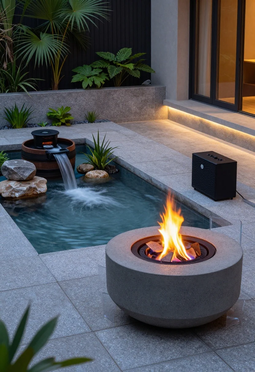 Medium twilight shot of a calming fire and water corner: a concrete tabletop fire bowl with gel fuel flickering atop stone pavers, a mini water feature made from a half barrel with a solar fountain pump, river rocks, and a few water plants creating soft burbles; a small smokeless pellet fire pit nearby on a safe stone surface; subtle path lighting and a weatherproof speaker tucked on a shelf; clear safety clearances around flame; serene, spa-like mood, no people, photorealistic, three-quarter angle.
