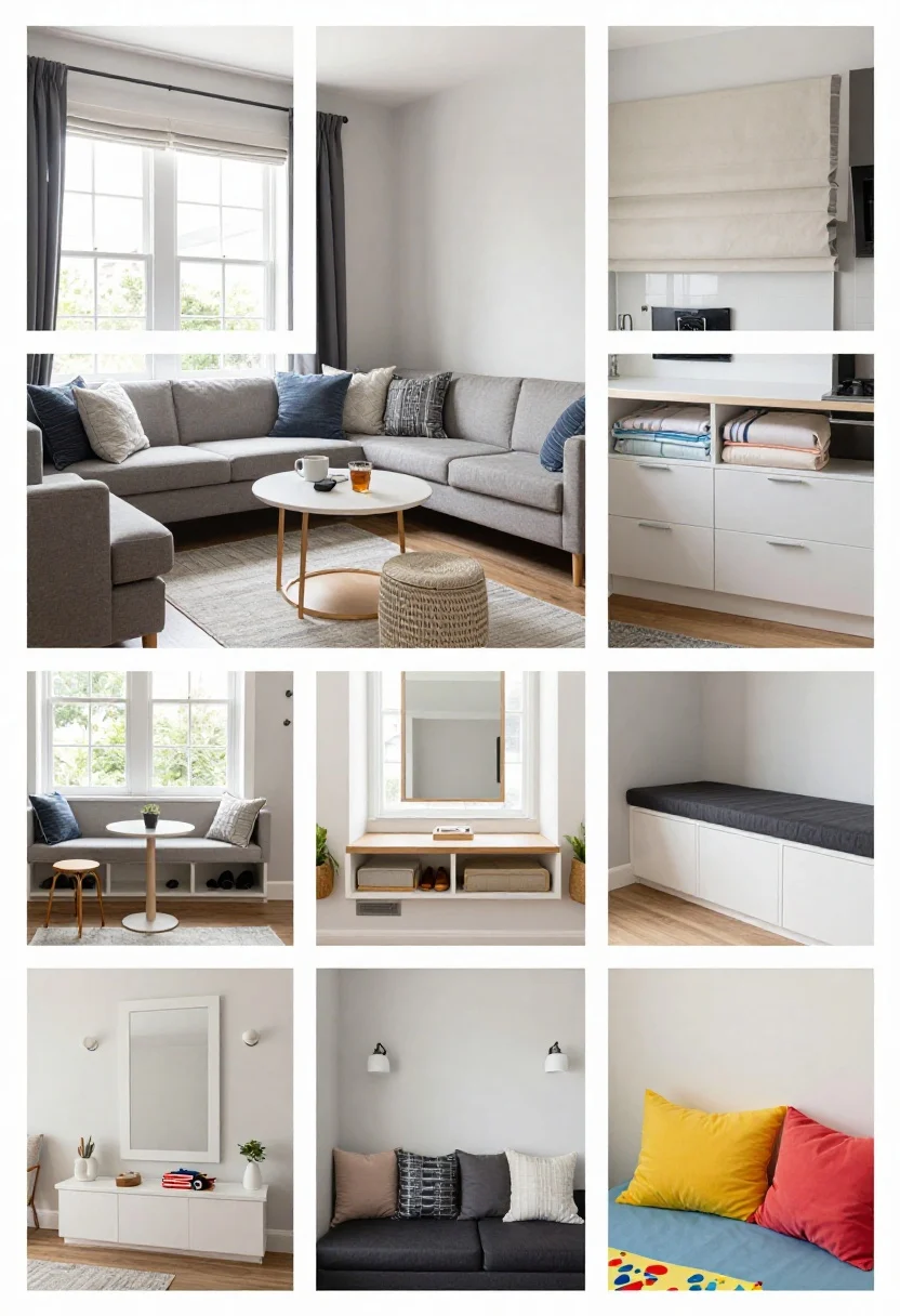 Multi-scene composite sequence (choose one primary but include cues of layout): - Living room medium-wide: Window bench positioned opposite a sofa to join the conversation zone, with a small round side table/garden stool holding a mug and remote. - Bedroom vignette: Plush cushion, soft roman shade, blackout-lined drapes slightly drawn, spare linens stored in drawers below. - Kitchen/breakfast nook: Banquette-style window seat with a pedestal table for clear knee space, wipeable fabric cushion, toe-kick vent visible. - Entryway: Window bench with shoe storage cubbies, hooks mounted above, a mirror, dark durable cushion. - Kids’ room: Bright cushions, low sconces, rounded corners, drawers for toys. Present as a single photorealistic medium-wide shot focusing primarily on the kitchen banquette with pedestal table, but include hints of storage and toe-kick vent; morning light.