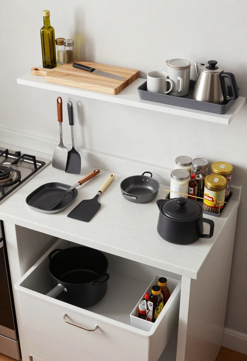 Overhead detail: A tightly composed top-down view of three micro-workstations on a small countertop—prep zone with a wood cutting board, chef’s knife, olive oil, salt and pepper; cooking zone with spatulas, pot holders, and a small rack of go-to spices near a stovetop edge; a coffee/tea station corralled on a tray with mugs, canisters, and a kettle. Include a small pull-out bin glimpse at the bottom edge suggesting a cleanup caddy under the sink. Clean, organized borders using trays and bins, neutral surfaces, bright task lighting.