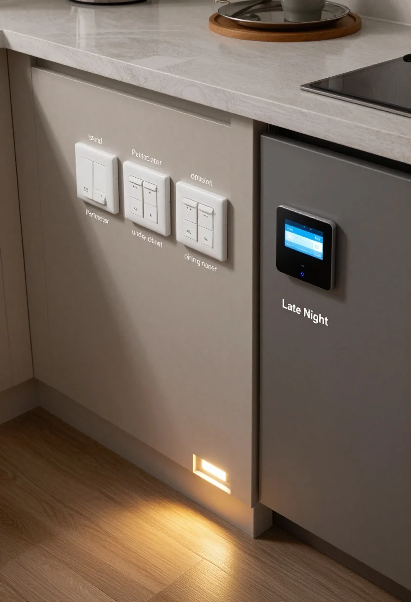 Overhead detail shot: A control zone on a wall near the kitchen entry featuring labeled smart dimmer switches for island, perimeter, under-cabinet, and dining nook zones. The scene displays a “Late Night” setting: toe-kick and under-cabinet lights at 15%, other zones dimmed low, creating a safe nightlight path along the floor. A pantry door ajar shows a small occupancy sensor inside, with the pantry softly illuminated hands-free.
