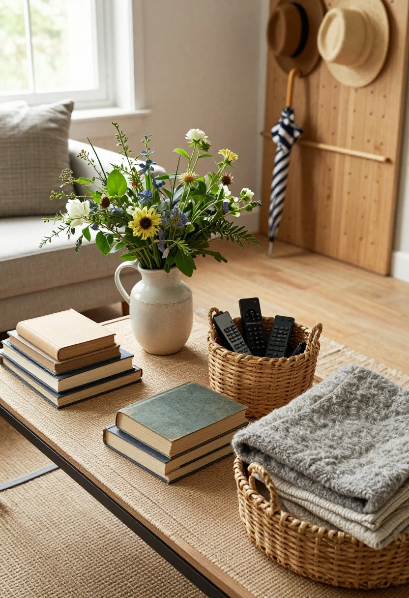 Overhead detail shot: A styled coffee table vignette on a jute tray—stacked vintage books, a ceramic pitcher filled with garden flowers and fresh greenery, a small woven basket corralling remotes, nearby a basket of wool throws and a folded quilt at the edge of the frame, a wooden peg rail in the background holding a straw hat and a striped umbrella, natural window light creating a cozy, lived-in mood.