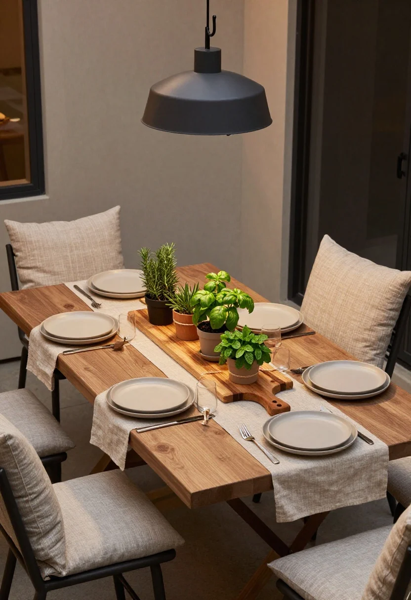 Overhead detail shot of a casual outdoor dining setup: a folding table topped with a linen-look runner, a wooden cutting board layered as a grazing board centerpiece, melamine dinnerware in muted neutrals, mixed seating (stool, bench, repurposed indoor chair) each with a coordinating cushion in a cohesive color scheme; potted rosemary, basil, and mint as labeled herb centerpieces tied with twine; a battery-powered pendant hanging above from a shepherd’s hook just edging into frame; warm dusk light, photorealistic, no people.