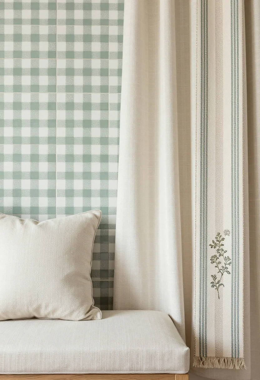 Overhead detail shot of cottage pattern play: a section of hand-painted or slightly irregular subway-style tiles as a backsplash sample beside beadboard, gingham café curtain fabric swatches in soft sage and cream, a solid bench cushion textile in a coordinating tone, and a flatweave runner sample with narrow stripes and a micro-floral swatch. Keep the palette tight and cohesive; natural daylight from the side to highlight textures and print scale.