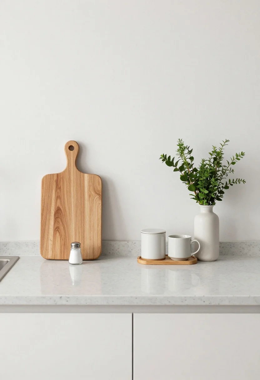 Overhead/flat-lay style detail of styled but clutter-free white kitchen surfaces: a honed quartz counter featuring a cutting board vignette with stacked oak boards, a tall ceramic utensil crock, and a small salt cellar; a tidy coffee station with a canister and mug; a single organic element—fresh herbs in a simple planter or a vase with branches. Minimalist arrangement in defined zones; soft natural light, clean shadows, no people.