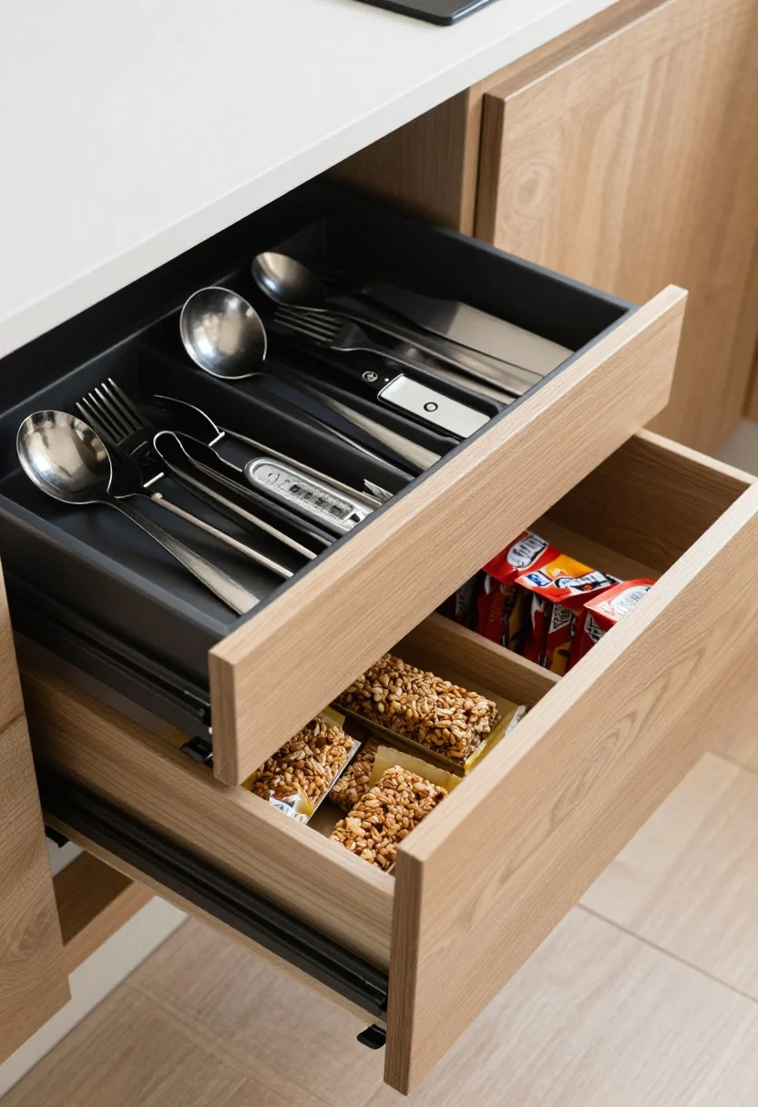 Overhead shot, drawer interiors: A series of kitchen drawers pulled open, each fitted with custom inserts. Top utensil drawer has adjustable organizers perfectly sizing forks, spoons, and knives. A deeper drawer shows dividers containing ladles, tongs, peelers, and a thermometer. An in-drawer knife block secures blades safely. A narrow-bin snack drawer lines up granola bars and pouches. Light oak drawer boxes, matte black hardware, measured fit with no wasted gaps, even natural light emphasizing order and textures of wood and brushed steel, photorealistic.