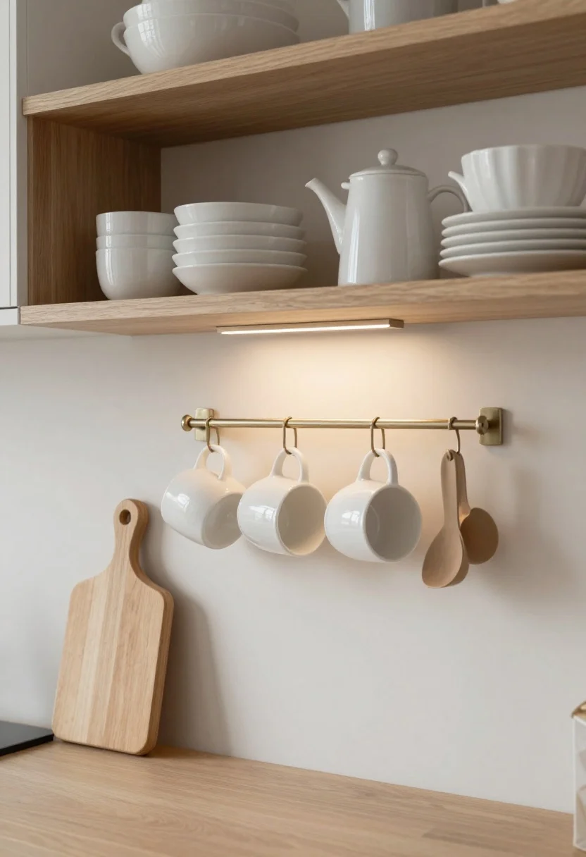 Photorealistic closeup detail from a straight-on angle of a compact kitchen wall: floating open shelves styled with same-tone white dishware, a couple of light wood cutting boards, and one simple ceramic teapot; below, a wall-mounted rail system in a coordinated metal finish holding mugs and utensils; a slim brass picture light above the shelves casting a gentle glow; hardware, faucet, and rail all matching; soft, airy mood, minimal clutter