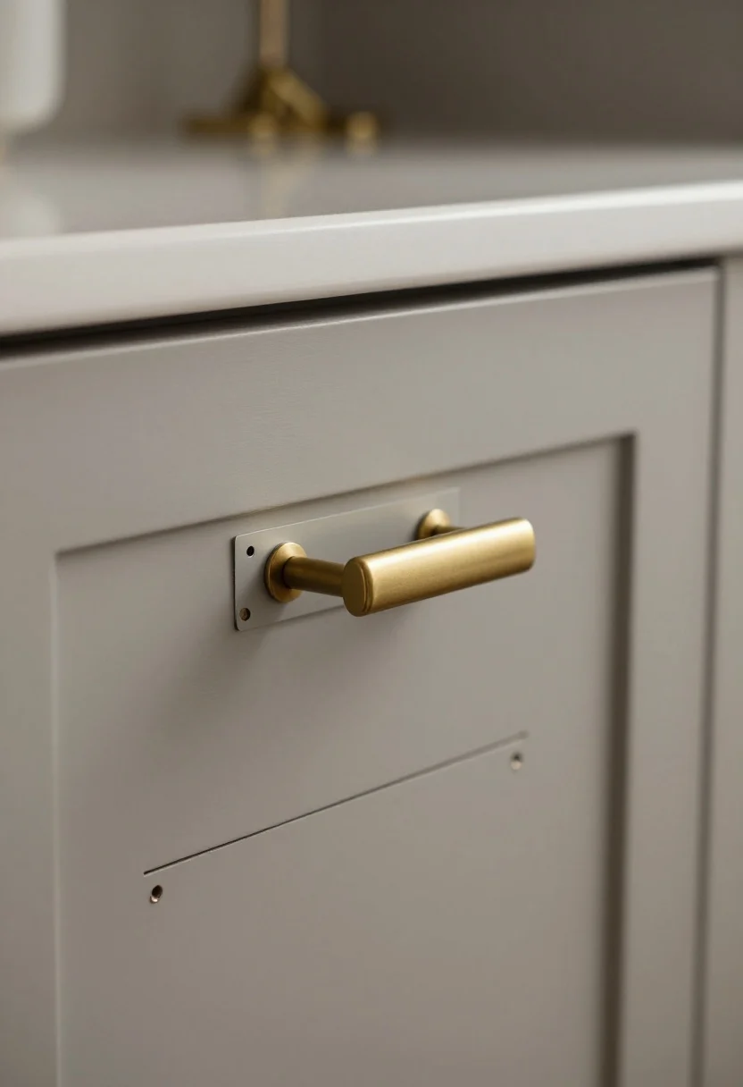 Photorealistic closeup detail of cabinet hardware “jewelry” on a greige cabinet drawer: long sleek bar pull in warm antique brass on a wide drawer and a minimal matching knob on the adjacent door. Show a drilling template and neatly marked pilot holes to imply perfect alignment; exposed hinge in coordinating brass on a nearby door. Soft warm indoor lighting (2700–3000K) highlighting the finish and scale of the pull; shallow depth of field with the stainless appliance blurred in the background to show cohesive mixing of finishes.
