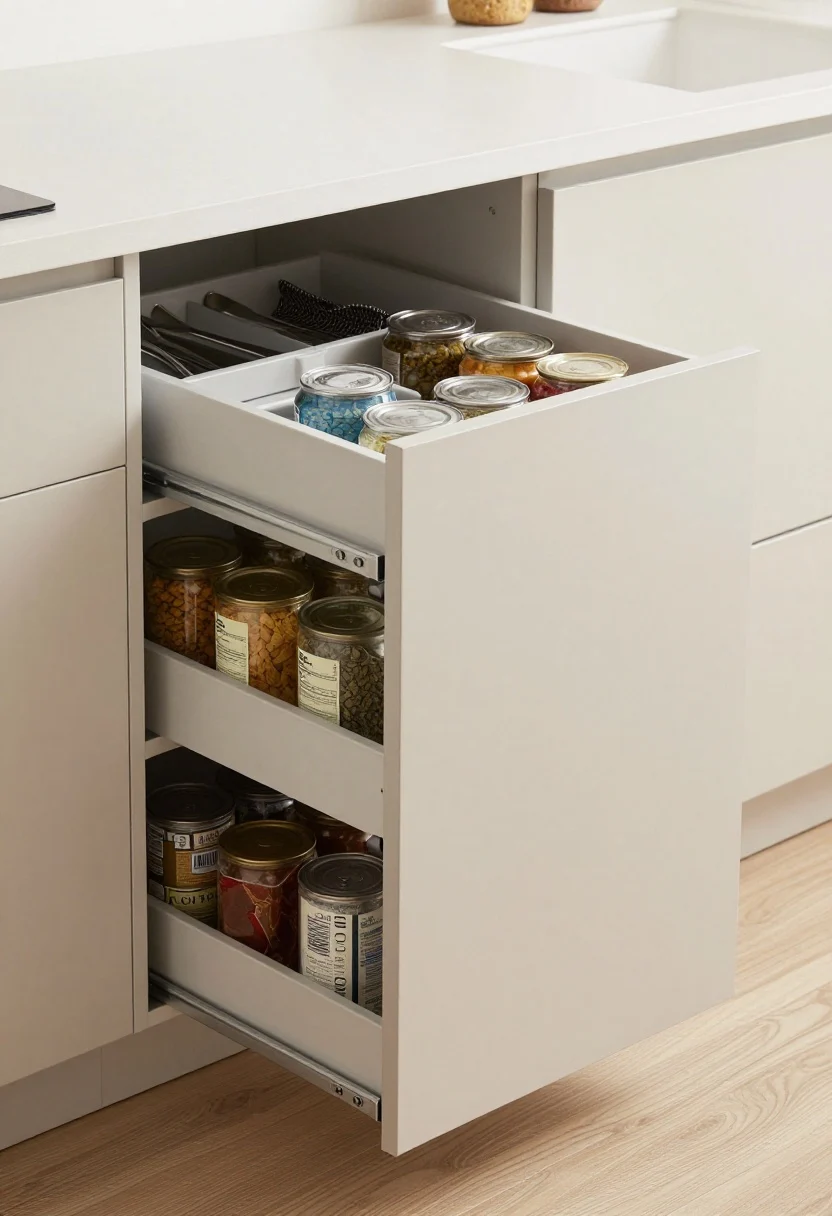 Photorealistic closeup detail of hardworking hidden storage inside a compact kitchen base: a deep drawer opened to reveal utensil and spice inserts, adjacent toe-kick drawer slightly pulled out with placemats, and a concealed pull-out trash system; next to them, a tall, shallow (10–12 inch deep) pantry cabinet door ajar showing neatly organized cans and spices with vertical dividers for sheet pans; clean matte cabinetry, neutral tones, bright functional lighting