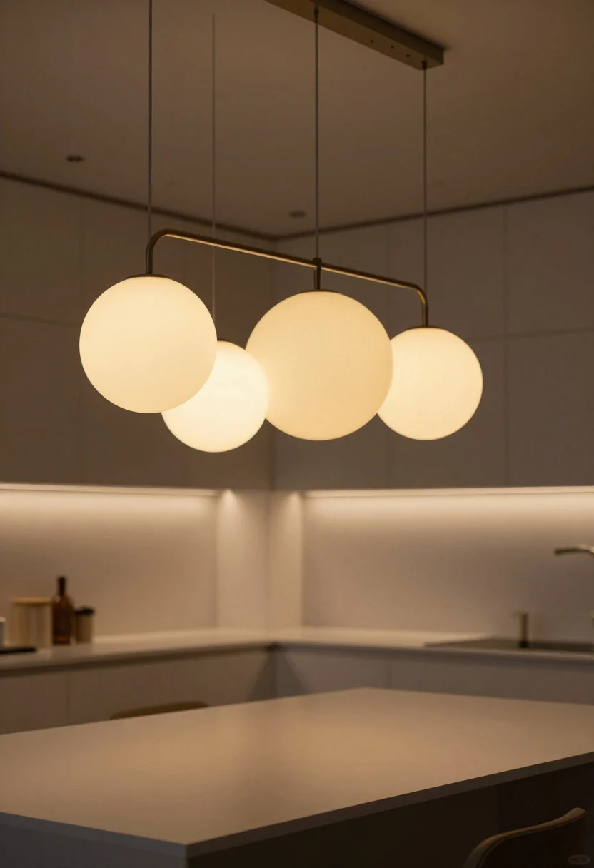 Photorealistic closeup/detail of statement lighting that doubles as art: a sculptural linear pendant over a kitchen island, paired with asymmetrical globe accents in the background; continuous under-cabinet LED strips with no visible diode dots and discreet downlights overhead; toe-kick LED creating a soft floor glow, plus a subtly backlit backsplash; dim-to-warm color temperature transitioning from task-bright to dinner-party amber; focus on the fixture’s form and light quality, shallow depth of field, moody evening ambiance; upward-angled perspective from island height to hero the scale