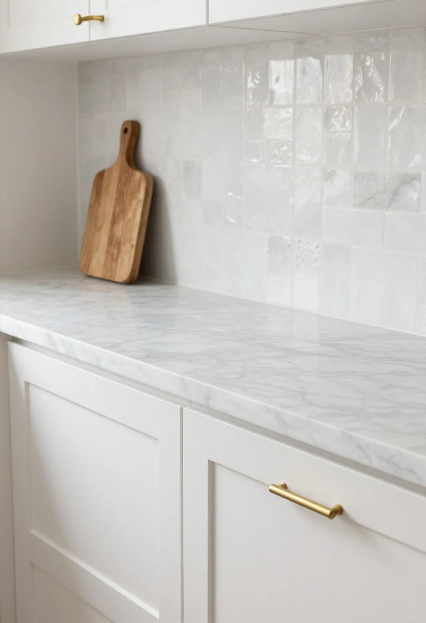 Photorealistic closeup detail shot of a white-on-white kitchen vignette showcasing layered textures: a hand-cut zellige backsplash with soft, irregular sheen; honed white marble countertop with subtle veining and velvety finish; matte white shaker-style cabinet door below. Include brushed brass bar pull hardware and a small rustic oak cutting board leaning against the tile. Soft natural side lighting emphasizes surface variation; limit to three main textures for a calm, intentional look. No people.