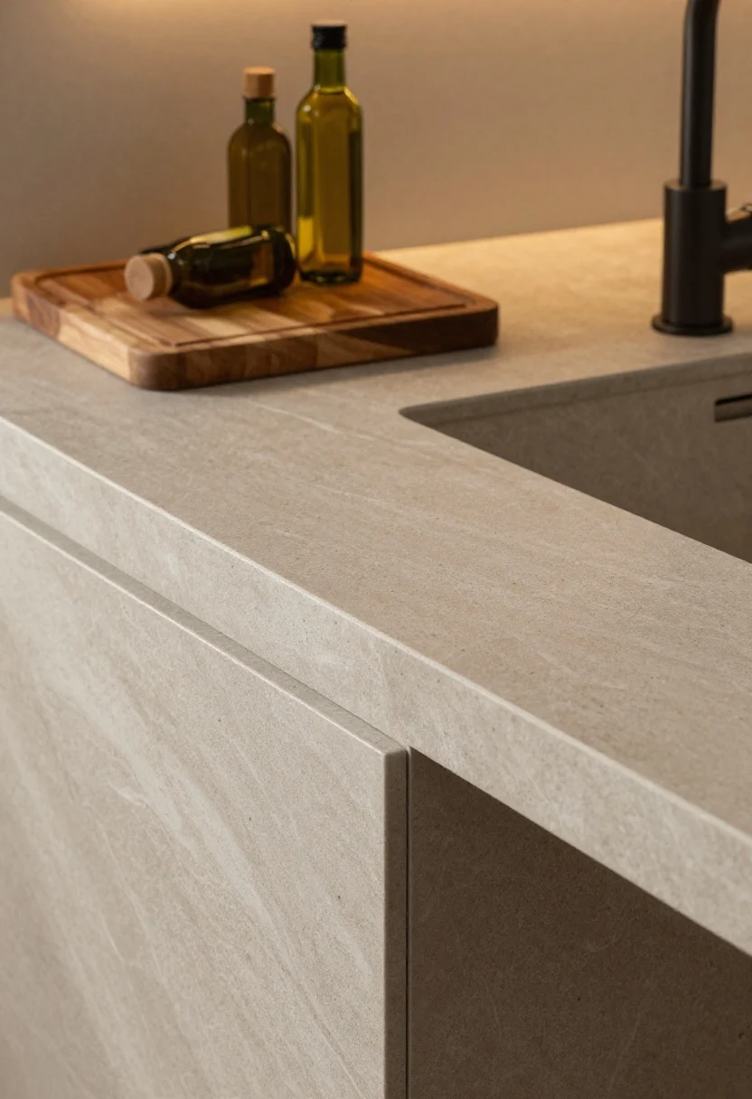 Photorealistic closeup of a countertop refresh: a matte, stone-look resurfaced counter with believable veining and honed texture, cleanly wrapped edges, and minimized seams. Include a large wooden cutting board and a small tray corralling olive oil bottles to style smartly and distract from imperfections. A newly upgraded faucet in a coordinating finish rises from the sink area. Warm task lighting from under-cabinet LEDs creates gentle highlights without gloss glare; overhead perspective focused on texture and edges.