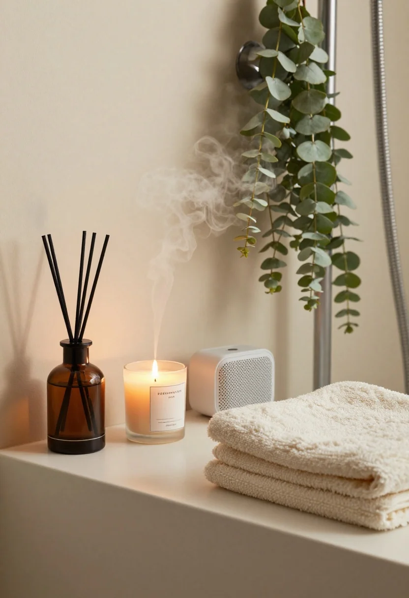 Photorealistic closeup vignette of the sensory layer on a floating shelf: an essential oil diffuser releasing a subtle eucalyptus vapor, a soy candle with minimalist packaging, and a neatly folded plush bath sheet nearby for tactile appeal. In the shower background, a fresh eucalyptus bundle hangs near the showerhead for steam therapy. A small water-resistant Bluetooth speaker is tucked discreetly on the shelf. Warm, cohesive palette and soft ambient glow.