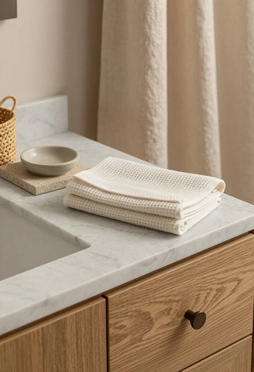 Photorealistic detail closeup focusing on natural textures and soft contrast: a compact oak vanity with a honed marble countertop, a matte ceramic soap dish, and a stone tray holding a folded waffle-knit towel. In the background, a linen shower curtain and a small seagrass basket are softly out of focus. Lighting is warm and diffuse to emphasize the matte finishes and tactile materials, avoiding glossy reflections.