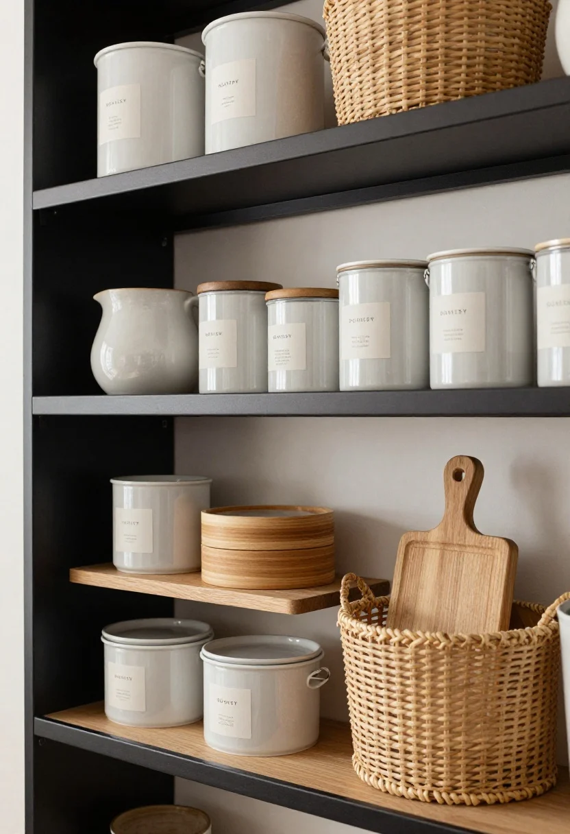 Photorealistic detail shot focusing on cohesive styling elements that make storage pretty: a small vignette of a shelf and island edge repeating materials—matte black metal brackets, warm oak shelves, and a touch of natural rattan in a basket; curated visible items include ceramic canisters and wooden cutting boards, while “noisy” packaging is hidden; minimal, uniform labels on clear containers elevate the look. Soft, diffused natural light, overhead three-quarter angle emphasizing texture and typography.