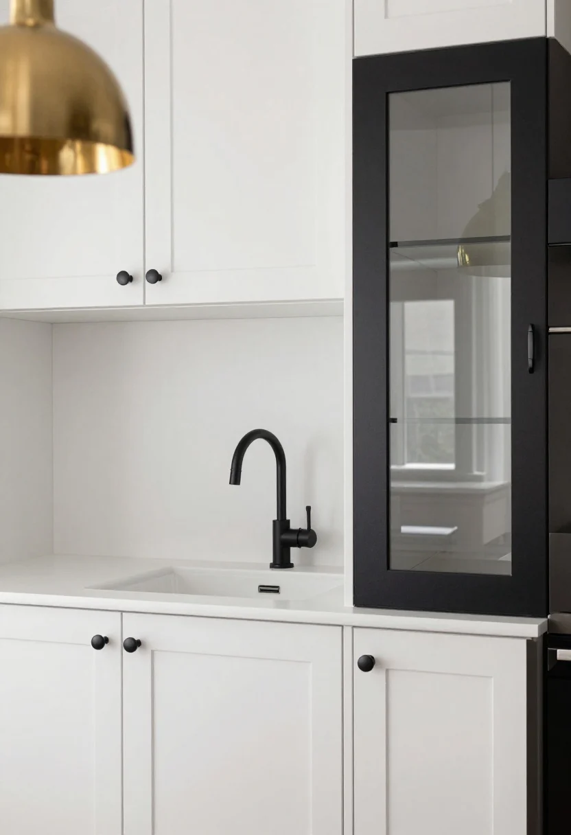 Photorealistic detail shot focusing on contrast: a section of matte white cabinetry with matte black linear pulls, a matte black faucet over a white undermount sink, and a black steel-framed glass cabinet door beside it. Above, a single brass or polished nickel pendant is partially in frame, hinting at reflective metal. Include a glimpse of panel-ready or stainless appliance front aligning with cabinetry. Crisp, balanced lighting to make black accents pop; no people.