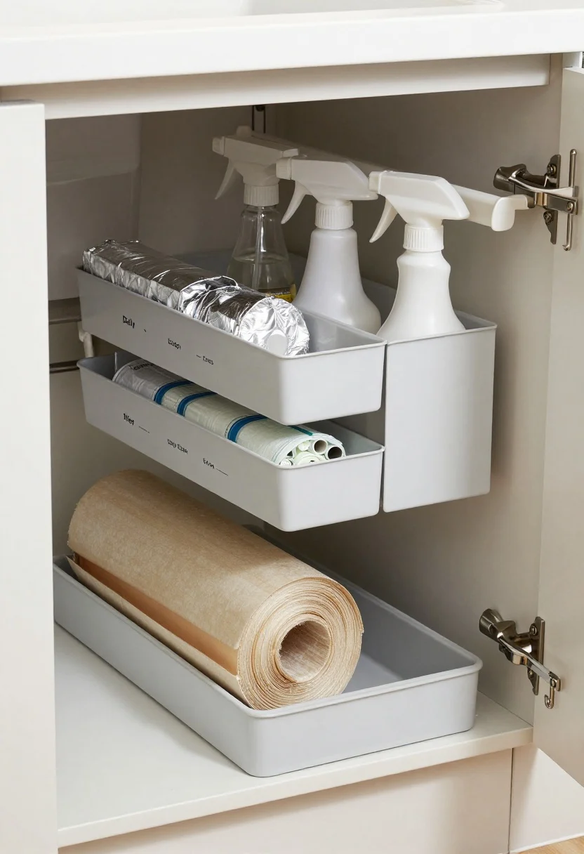 Photorealistic detailed closeup of the under-sink cabinet organized against moisture: a shallow waterproof drip tray beneath exposed pipes; stackable caddies sorted by task—Daily, Deep Clean, Extras—with slide-out bins; a vertical tension rod suspending spray bottles by their triggers; a magazine holder “files” rolls of foil, parchment, and zip bags with labeled spines; a small hook on the inside door holds dish gloves. Durable plastic and coated metal textures, soft overhead utility lighting, low-angle interior perspective.