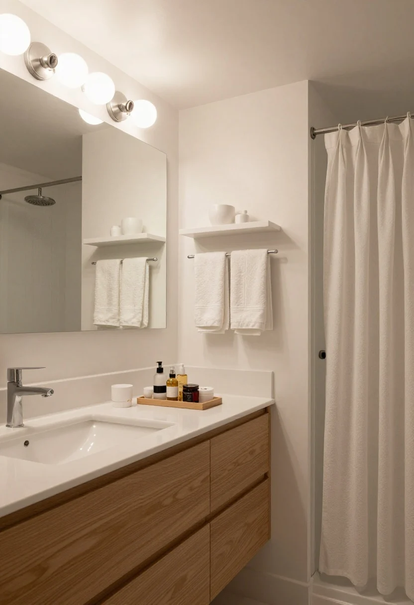 Photorealistic medium shot capturing the article’s quick takeaways in one cohesive scene: a small bathroom with a calm, low-contrast warm white palette, dimmable layered lighting (overhead diffuser, mirror sconces, toe-kick LEDs), natural textures (oak vanity, linen curtain, matte ceramics), and a clear counter with a single tray of decanted essentials. The shower shows a frameless screen and rain head, while storage appears as decor via floating shelves and uniform towels on hooks. Soft, spa-like evening lighting at 2700K.