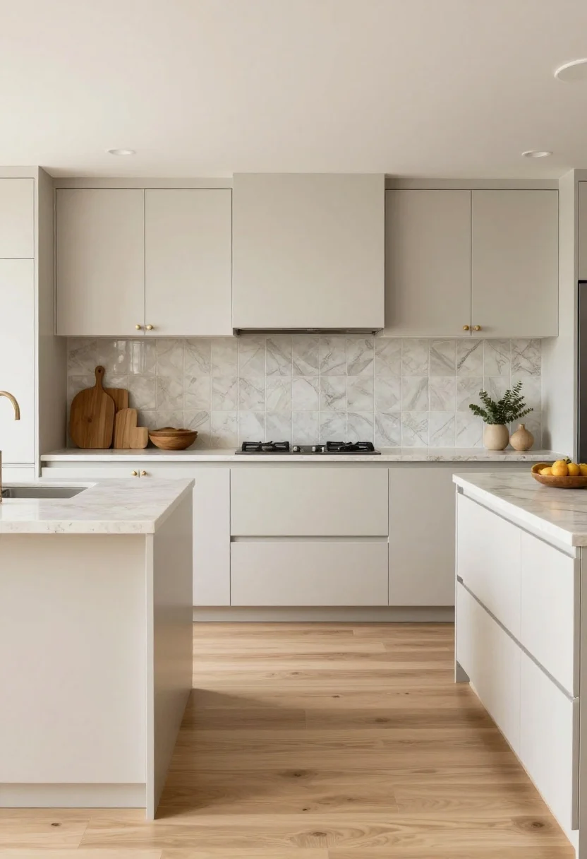 Photorealistic medium shot focusing on color and materials cohesion in an open kitchen-living view: light-toned cabinets, soft natural wood accents, matte or satin paint finishes, low-contrast brushed nickel hardware on pale cabinetry, and continuous wood-look flooring running from kitchen into living to visually expand the space; one statement moment only—a patterned tile backsplash with subtle veining stone counters kept calm elsewhere; soft daylight, curated not chaotic