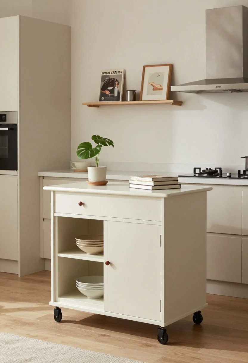 Photorealistic medium shot of a compact island solution in a small open kitchen: a mobile butcher-block cart on locking casters positioned between kitchen and living, matching the peninsula countertop material for cohesion; styled as a snack/bar station with a couple of cookbooks, bowls, and a single leafy plant on an open shelf below; clearances of 36–42 inches around it for smooth flow; soft afternoon light, uncluttered sightlines, calm palette