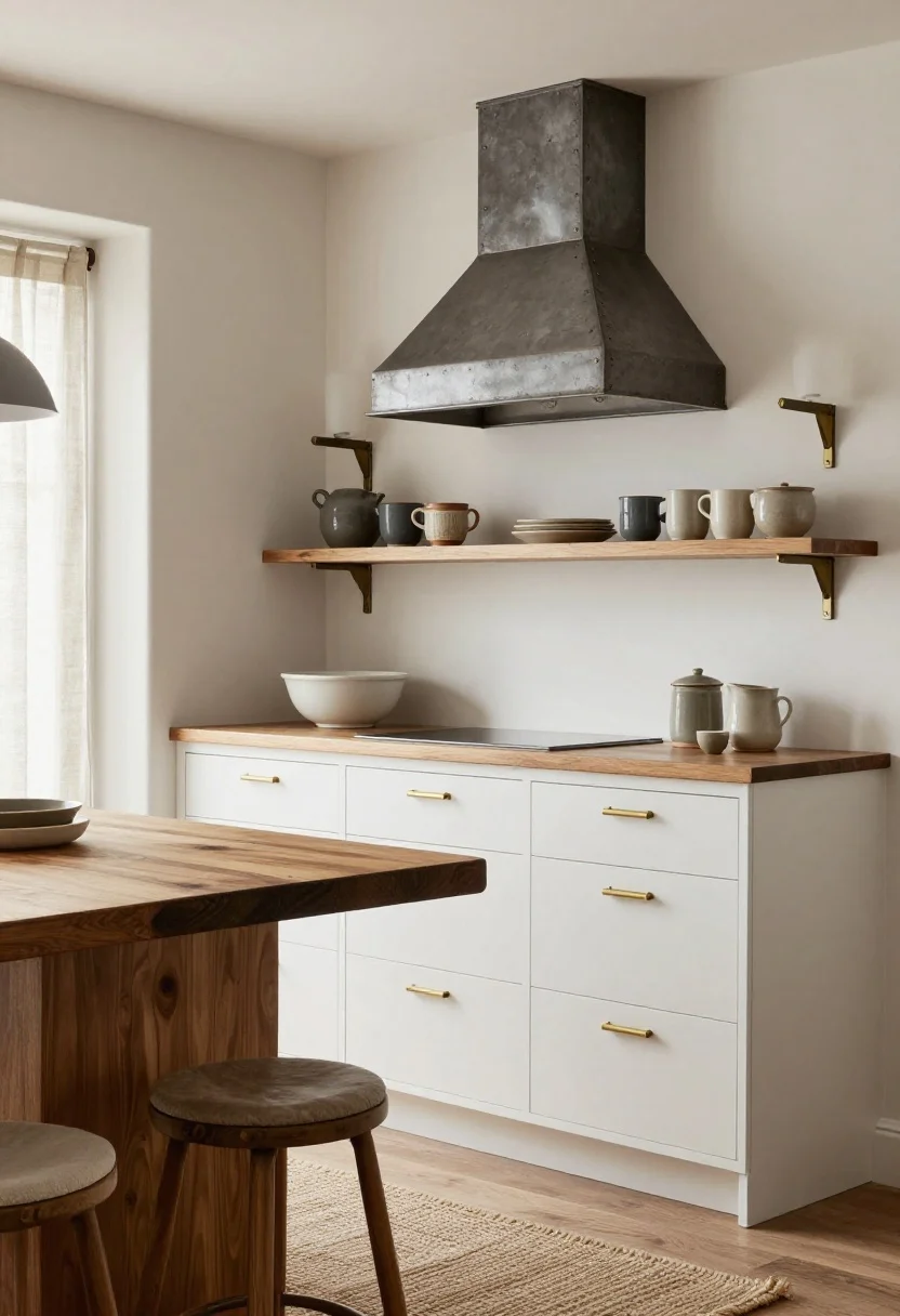 Photorealistic medium shot of a cottage kitchen corner styled for layered textures: a scrubbed wood butcher-block island with open oak shelves, white glossy cabinetry balanced by matte brushed brass hardware and an aged iron wall sconce, linen café curtains filtering soft morning light, cotton seat cushions on vintage stools, a braided jute runner underfoot, and a small display of hand-thrown stoneware mugs and ceramic canisters in muted neutrals. Emphasize the tactile contrast of worn metals, soft textiles, and touchable pottery; avoid high shine-on-shine to keep it cozy and collected.