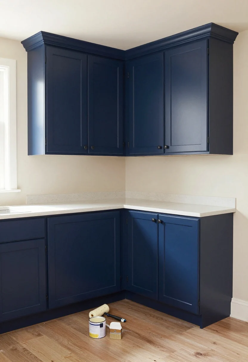 Photorealistic medium shot of a freshly painted kitchen corner with shaker cabinets in deep navy lowers and creamy off-white uppers; walls and trim color-matched to the cabinets for a seamless, built-in vibe. Show flawless prep details: smooth, ding-free cabinet surfaces with a hard enamel finish, subtle sheen, and crisp lines around the hinges. Include foam rollers, an angled brush, and a can of primer on a protected floor nearby. Warm natural daylight from a side window; straight-on angle emphasizing the contrast between lowers and uppers and the refined cabinet texture.