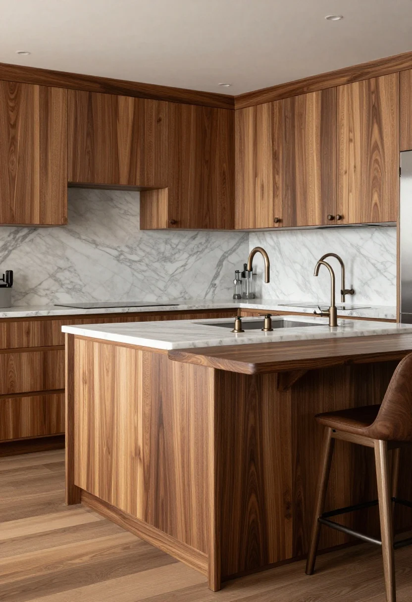 Photorealistic medium shot of a kitchen island in moody woods and mixed metals: smoked walnut or espresso-stained ash island cabinetry paired with lighter upper cabinets to prevent a cave-like feel; mixed metals limited to two—champagne bronze and soft black—seen in pulls and faucet, with consistent hardware; honed marble or veined quartz countertop providing contrast; matte finishes throughout to hide fingerprints; warm layered lighting with a gentle glow on the wood grain to avoid gloom; three-quarter corner angle emphasizing depth and the rich wood tone
