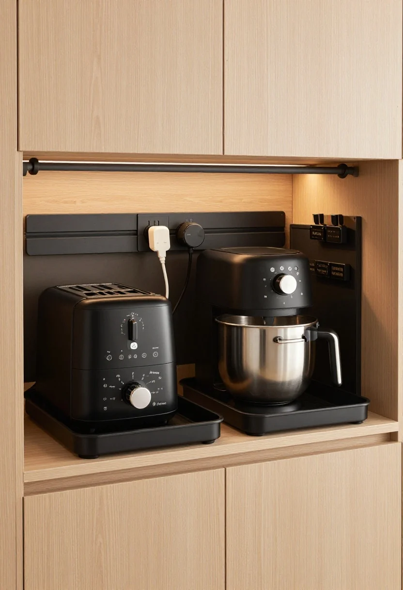 Photorealistic medium shot of a “small appliance park” inside cabinetry: an appliance garage with a roll-top door lifted to reveal a toaster and blender plugged into an interior outlet; adjacent sturdy trays in matte black hold a stand mixer and air fryer for easy pull-out use; adhesive cord winders on appliance backs keep cords tidy, with labeled plugs at a shared outlet strip. Trays match the cabinet finish (matte black against warm wood), soft under-cabinet lighting, straight-on framing for a clean, concealed-yet-ready look.