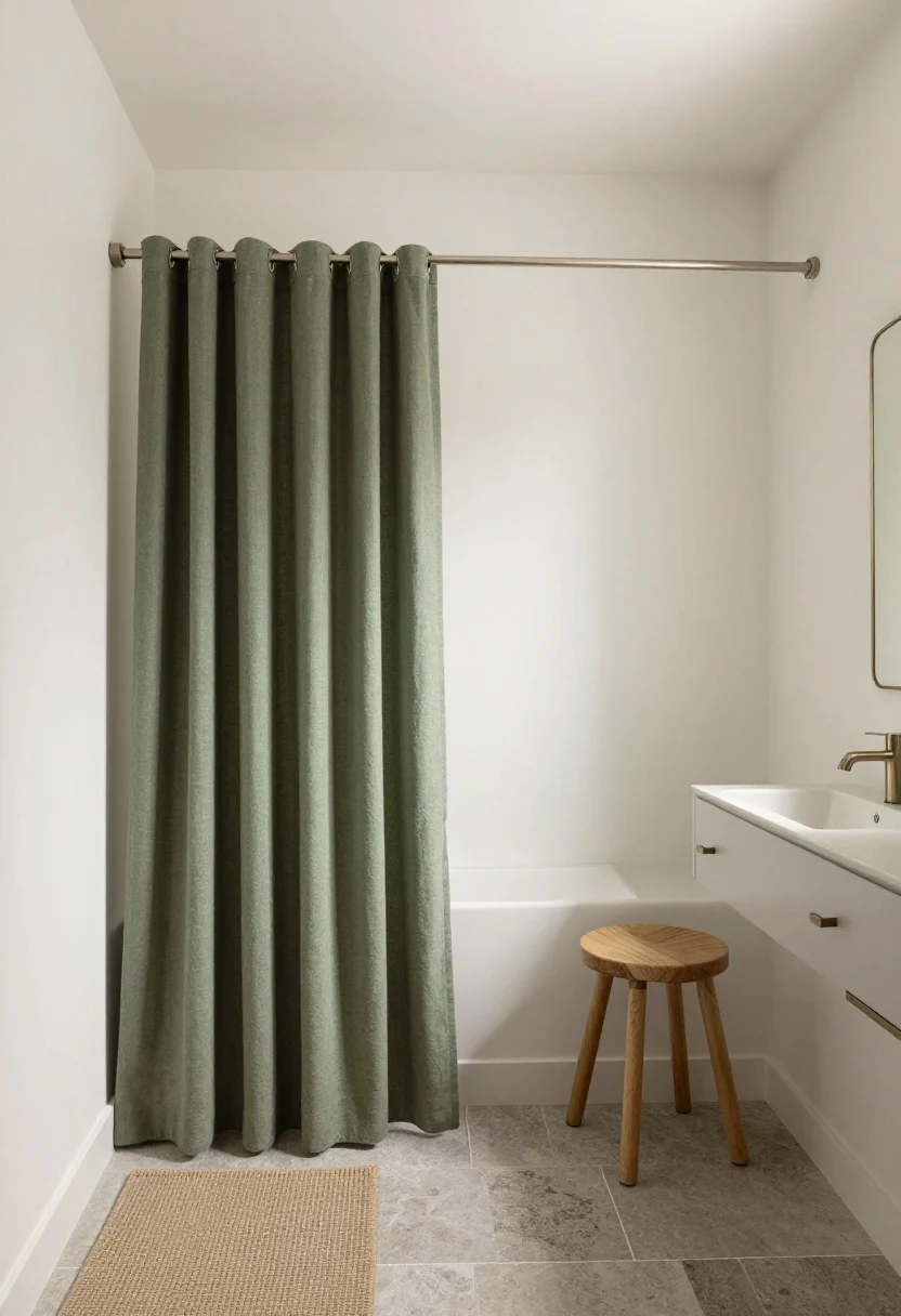 Photorealistic medium shot of a small bathroom corner with a calm, tight palette: warm white matte walls and ceiling painted the same hue for visual height, stone gray mineral-inspired tile floor, eucalyptus green linen shower curtain, and sandy taupe woven bath mat. Include a compact vanity with streamlined hardware in a single brushed nickel finish, subtle natural wood accent stool, and a minimalist brass-framed mirror kept cohesive in one metal finish. Soft, low-contrast lighting that diffuses gently, no harsh glare.