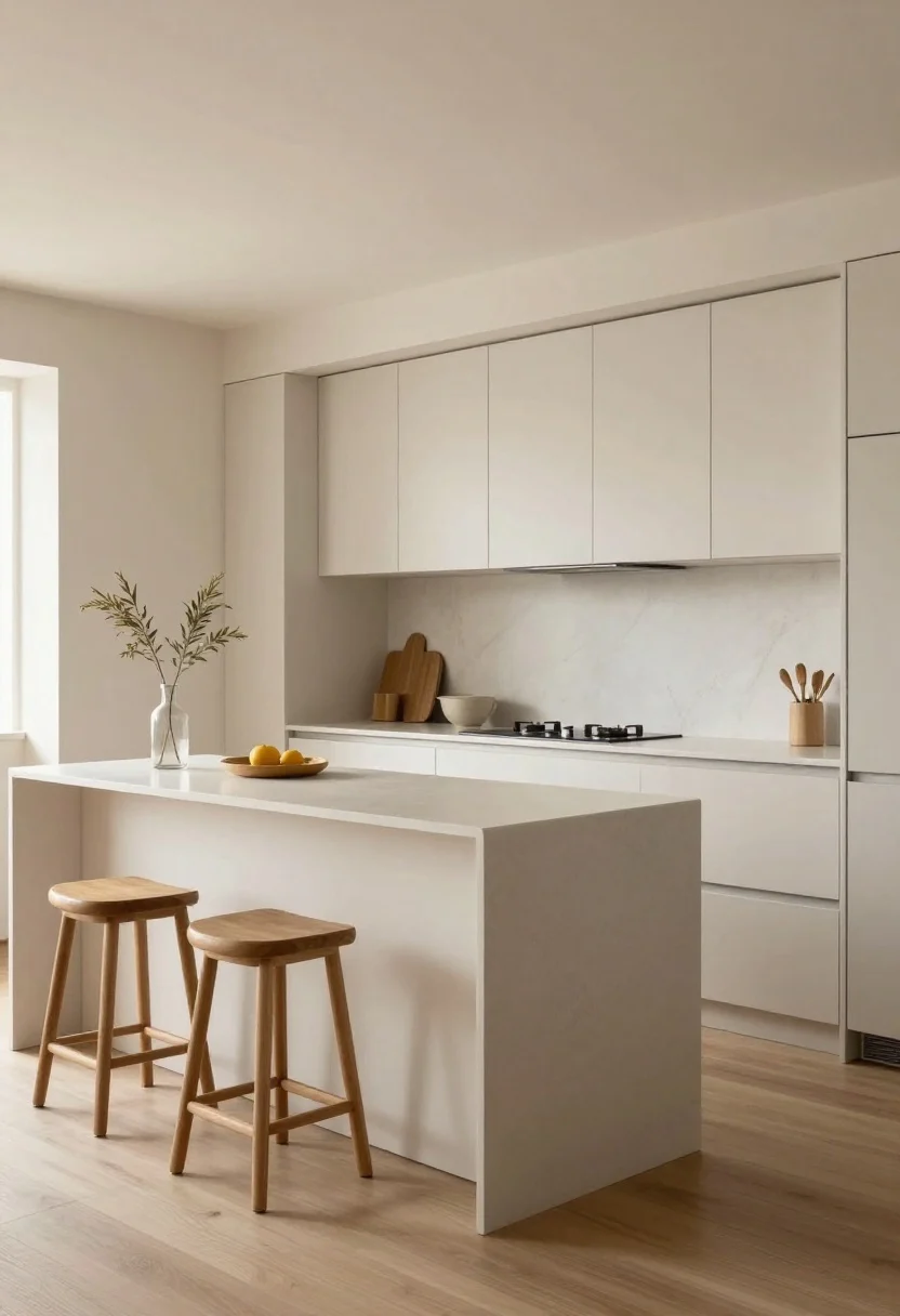 Photorealistic medium shot of a small open-plan kitchen with a slim peninsula replacing a half wall, rounded corners, and a waterfall quartz countertop in soft white; backless stools tucked under the overhang on the living-room side; integrated drawers on the kitchen side for hidden storage; a single continuous counter material visually linking kitchen to living; warm morning light, matte finishes, calm neutral palette, clean traffic flow, no people