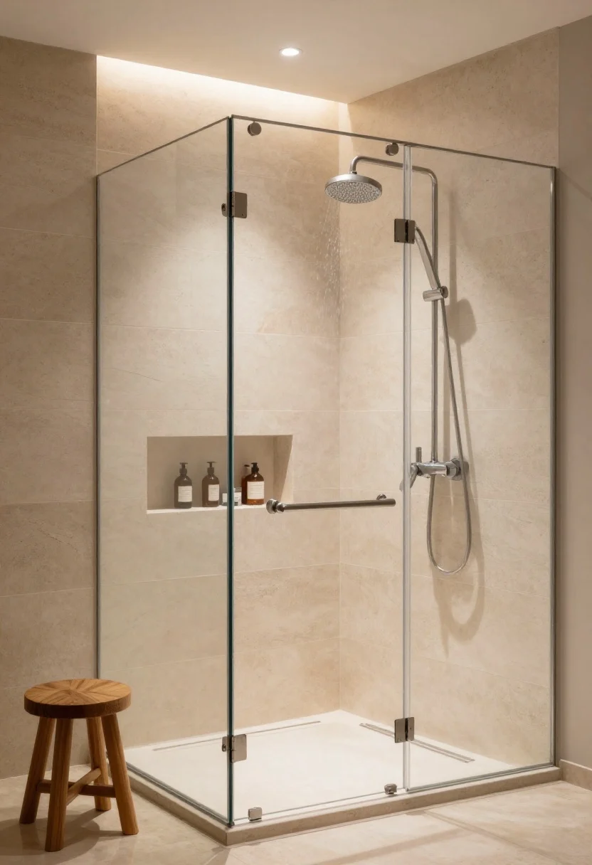Photorealistic medium shot of a spa-like shower upgrade in a small space: large-format vertical tiles in a light stone tone for fewer grout lines, a frameless clear glass door maintaining open sightlines, and a lightly frosted band for privacy. Show a dual setup with a rain-style fixed showerhead plus a handheld on a slide bar in a single metal finish. Include a recessed niche with a stone sill holding decanted bottles, and a small teak shower stool for function and serenity. Steam-kissed, warm lighting.