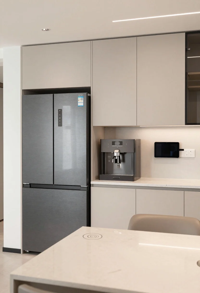 Photorealistic medium shot of a tech-savvy but hidden setup: panel-ready fridge and dishwasher blending into cabinetry, slide-away appliance garage partially open revealing an espresso machine; quartz countertop with an under-surface invisible wireless charging zone indicated by a minimal icon; concealed outlets under the uppers; a sleek smart faucet and occupancy-sensing recessed lights; a small wall-mounted tablet tucked into a cabinet stile for controls; clean, uncluttered look with natural daylight plus gentle overhead illumination; straight-on view emphasizing seamless integration