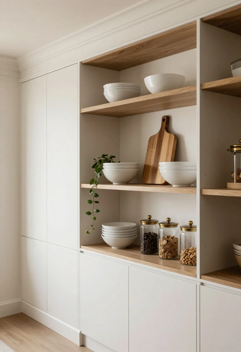 Photorealistic medium shot of a wall with floating open shelves styled like a designer: limited palette of white, warm wood, and brass accents. Shelves hold stacked white bowls, a leaning wooden cutting board, a single trailing plant, and glass canisters decanting dry goods. Adjacent closed cabinets feature simple crown molding at the top, scribe molding filling a side gap, and a neatly painted toe-kick for a built-in look. Soft warm ambient light; slight corner angle to show trim depth and shelf curation.