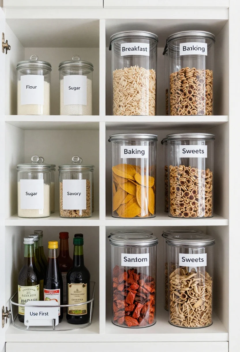 Photorealistic medium shot of a well-zoned pantry: clear airtight canisters labeled Flour, Sugar, Rice, and Cereal line a shelf; a lazy Susan in the corner holds oils, vinegars, and sauces; tall transparent bins stand pouches upright with bold front labels “Breakfast,” “Baking,” “Savory,” “Sweets” in a simple minimal font; a tiered spice step displays spices grouped by cuisine. Include a slim “Use First” bin with near-expiry items. Neutral shelving, subtle color-coding, bright natural light from the side, straight-on view.