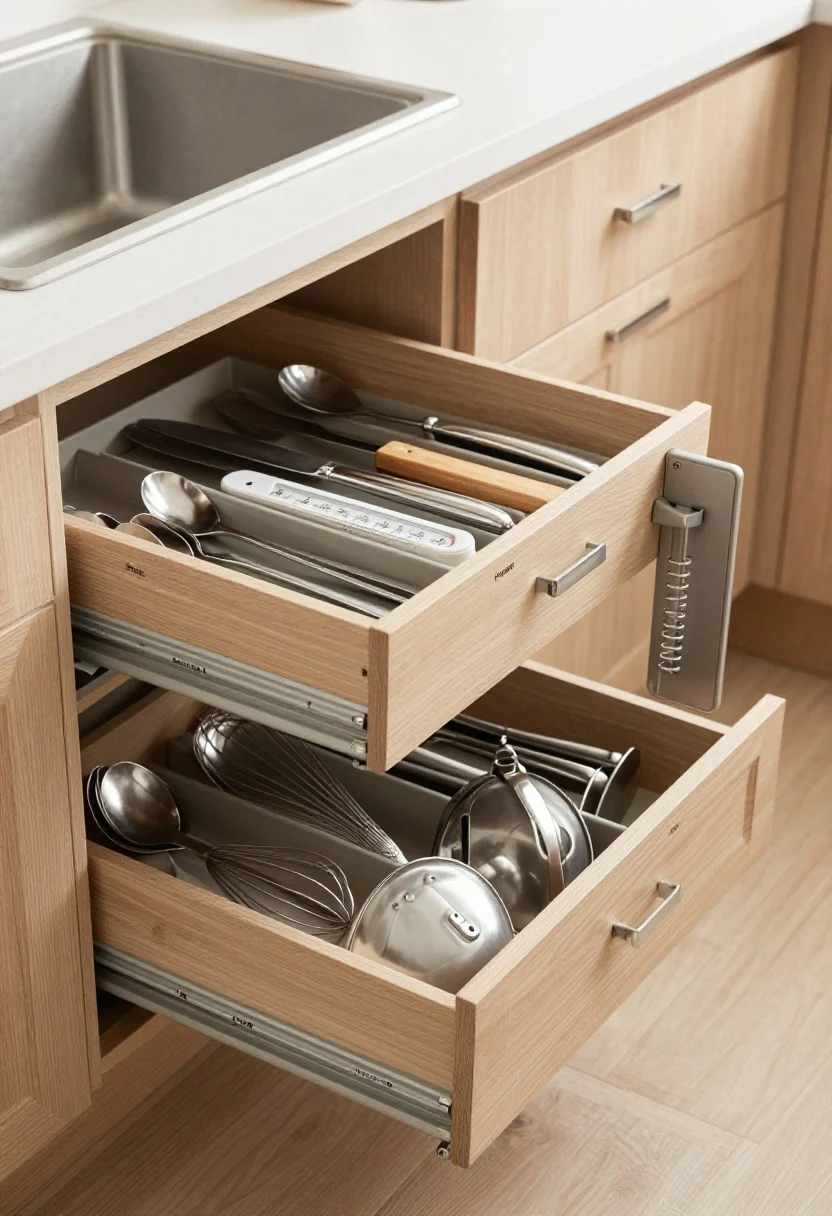 Photorealistic medium shot of an open kitchen drawer showcasing double-duty organization: a tiered shallow insert gliding above deeper compartments holds neatly arranged silverware and small tools; below, bulkier whisks, a thermometer, and baking tools. An in-drawer wooden knife block secures a set of knives, while adjustable dividers create labeled zones along the inside front lip reading “Baking,” “Prep,” and “Lunch Gear.” On the far right, a spring-loaded divider corrals pot lids vertically. Neutral cabinetry in warm oak, soft overhead lighting, straight-on angle focused on the drawer interior.