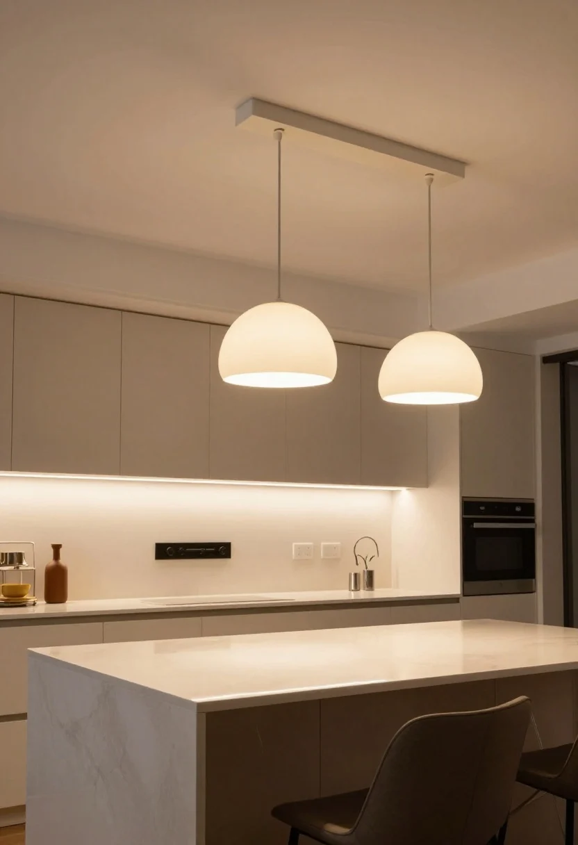 Photorealistic medium shot of layered kitchen lighting: a semi-flush ceiling fixture with character replacing a builder dome, warm under-cabinet LED bars illuminating a prep zone, and two medium-sized pendants over an island with large shades for a high-end look. Include dimmer switches on the wall, all lights set to warm white 2700–3000K. The scene glows with inviting, even illumination, showing counters subtly lit and reflective finishes controlled; straight-on view toward the island.