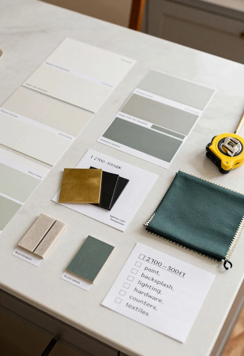 Photorealistic overhead detail shot of a project planning layout on a kitchen island: labeled paint swatches (warm white, greige, desaturated navy/green), a hardware finish card showing brass and black, a lighting color temperature note “2700–3000K,” a mini tile sample of subway with narrow grout, and a small fabric swatch for a Roman shade. Include a checklist reading “paint, backsplash, lighting, hardware, counters, textiles,” plus a tape measure and pencil. Soft warm indoor light enhances the materials’ textures.