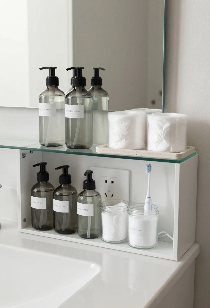 Photorealistic overhead detail shot of an edited, decanted counter setup: a narrow shelf above the vanity holding matching matte glass pump bottles with subtle labels, a few apothecary jars for cotton rounds, and a single stone tray defining the daily ritual zone. Below, the counter is mostly clear. Include a mirrored medicine cabinet door ajar revealing an interior outlet with an electric toothbrush charging—cords hidden. Clean, minimal, and clutter-free.
