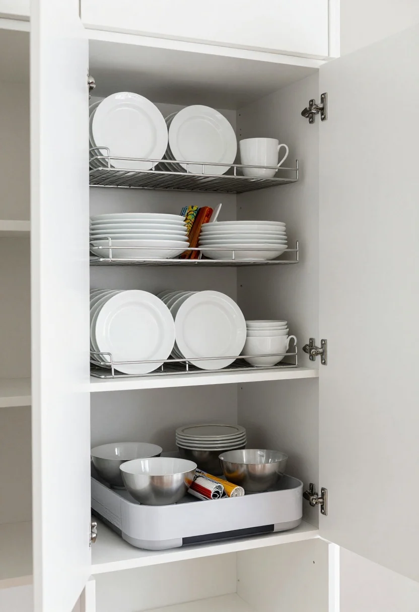 Photorealistic wide cabinet interior shot highlighting space-multiplying solutions: inside matte white cabinets, metal risers create two-level plate and mug zones, with everyday white dishes in front and colorful patterned pieces tucked behind for visual calm; lower shelf features a pull-out tray with nested mixing bowls and a compact appliance; the inside of the cabinet door has a shallow, under-3-inch rack holding foils, wraps, cutting boards, and flat lids. Soft, even daylight, slight angle from the right to show depth, crisp, organized composition.